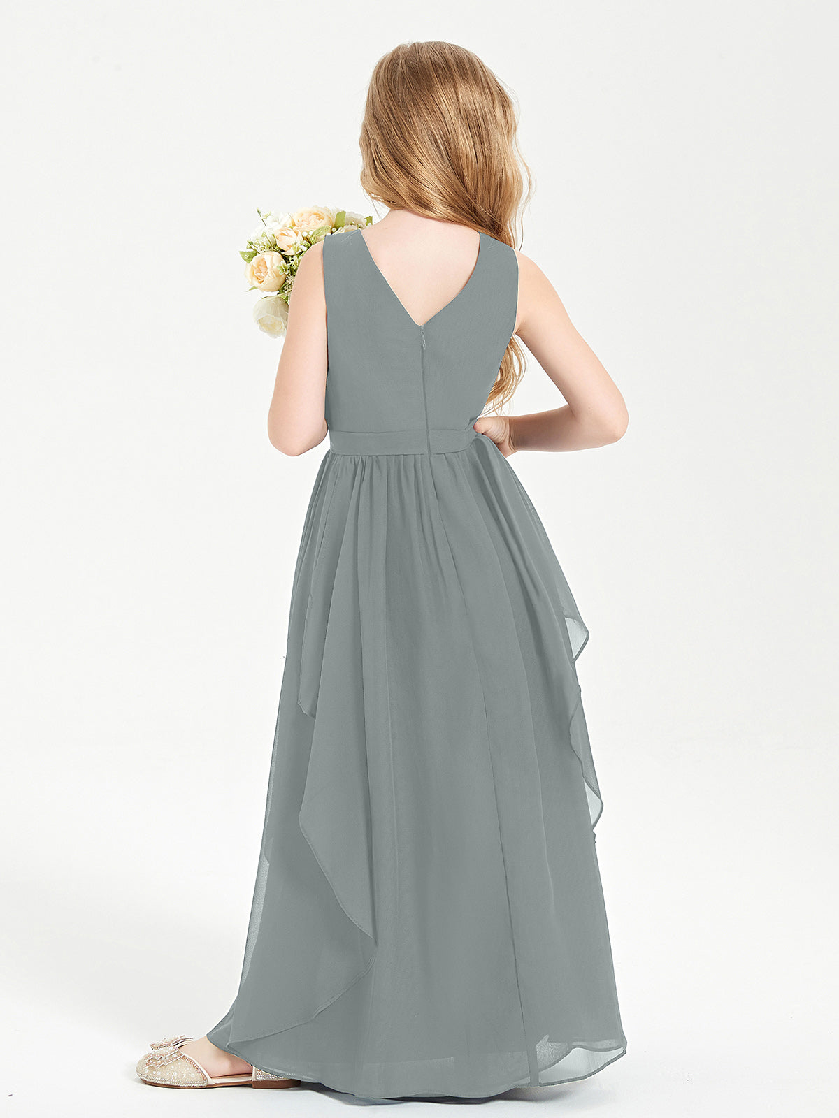 Boho Sleeveless Junior Chiffon Bridesmaids Gown Steel Grey